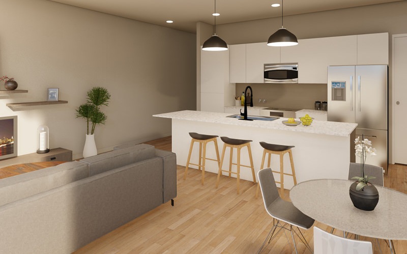 Rendering of living area at The Prescott at Park West